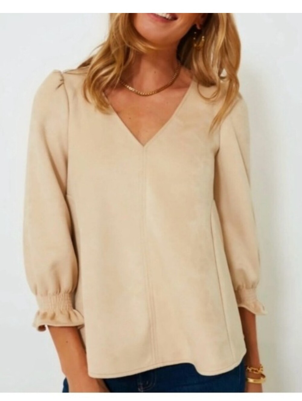 Tuckernuck V-Neck Easton Suede Swing Long Sleeve Top in Beige